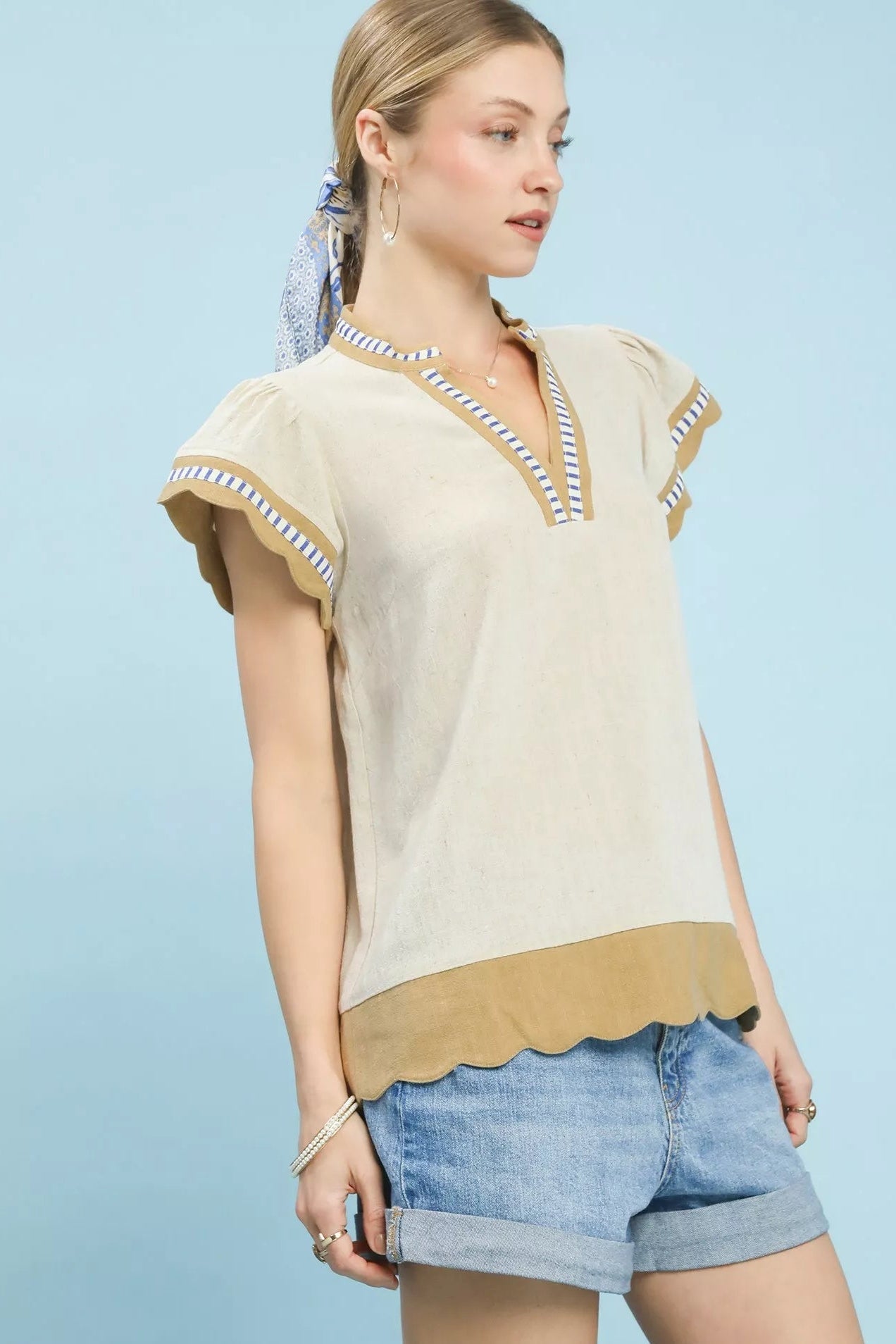Women Women’s Blouse Umgee Contrast Scallop Trim Top – Oatmeal casual outfit boutique fashion - BespokeX Wear