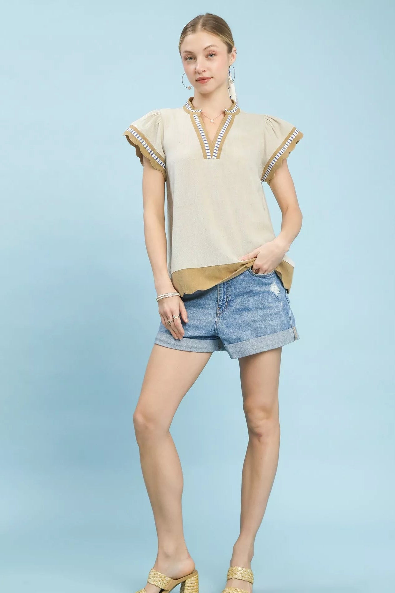 Women Women’s Blouse Umgee Contrast Scallop Trim Top – Oatmeal casual outfit boutique fashion - BespokeX Wear