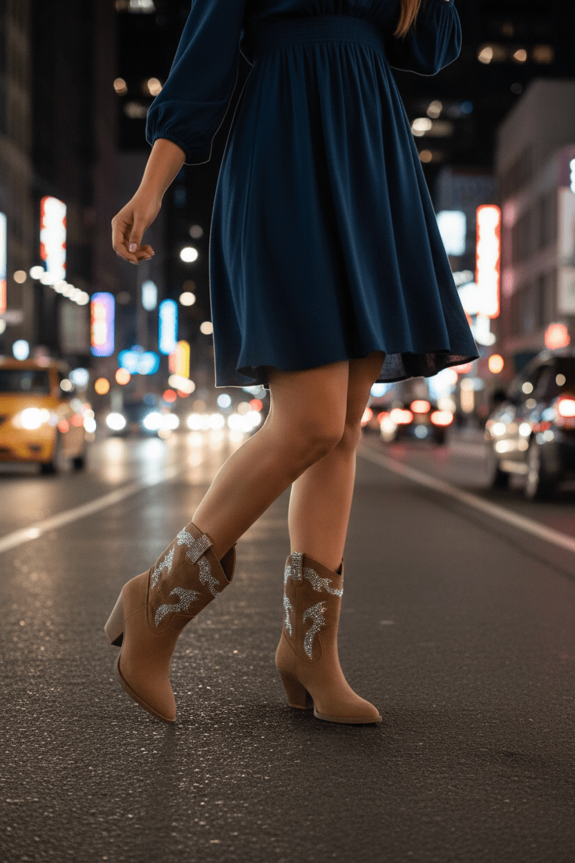 Rhinestone cowboy boots side view - women's ankle western boots with low heel