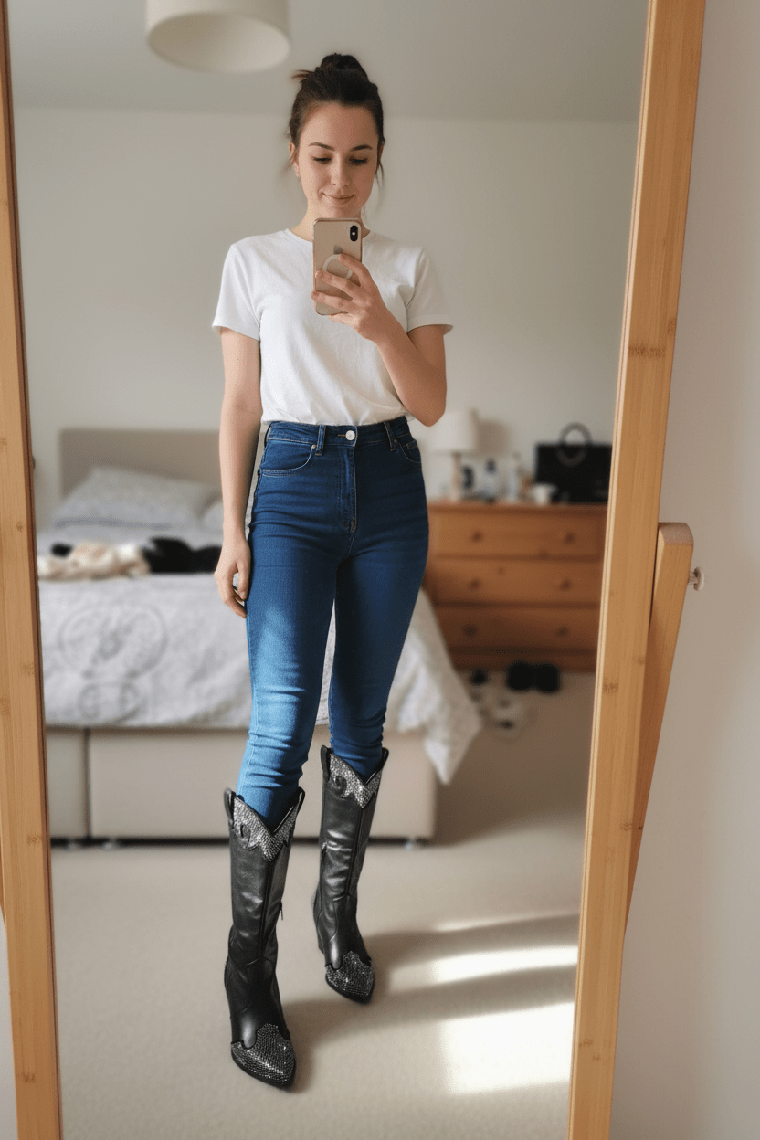 Women Women's Boots Rhinestone Western Boots - Women's Chunky Heel Cowgirl Statement Boots casual outfit boutique fashion - BespokeX Wear