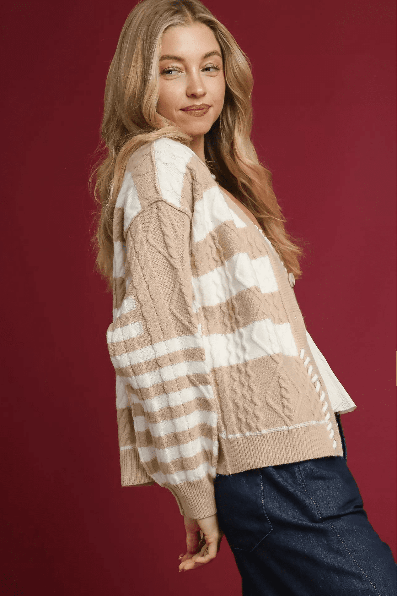 Women Women’s Cardigan Taupe Stripe Cable - Knit Button Cardigan – Umgee casual outfit boutique fashion - BespokeX Wear