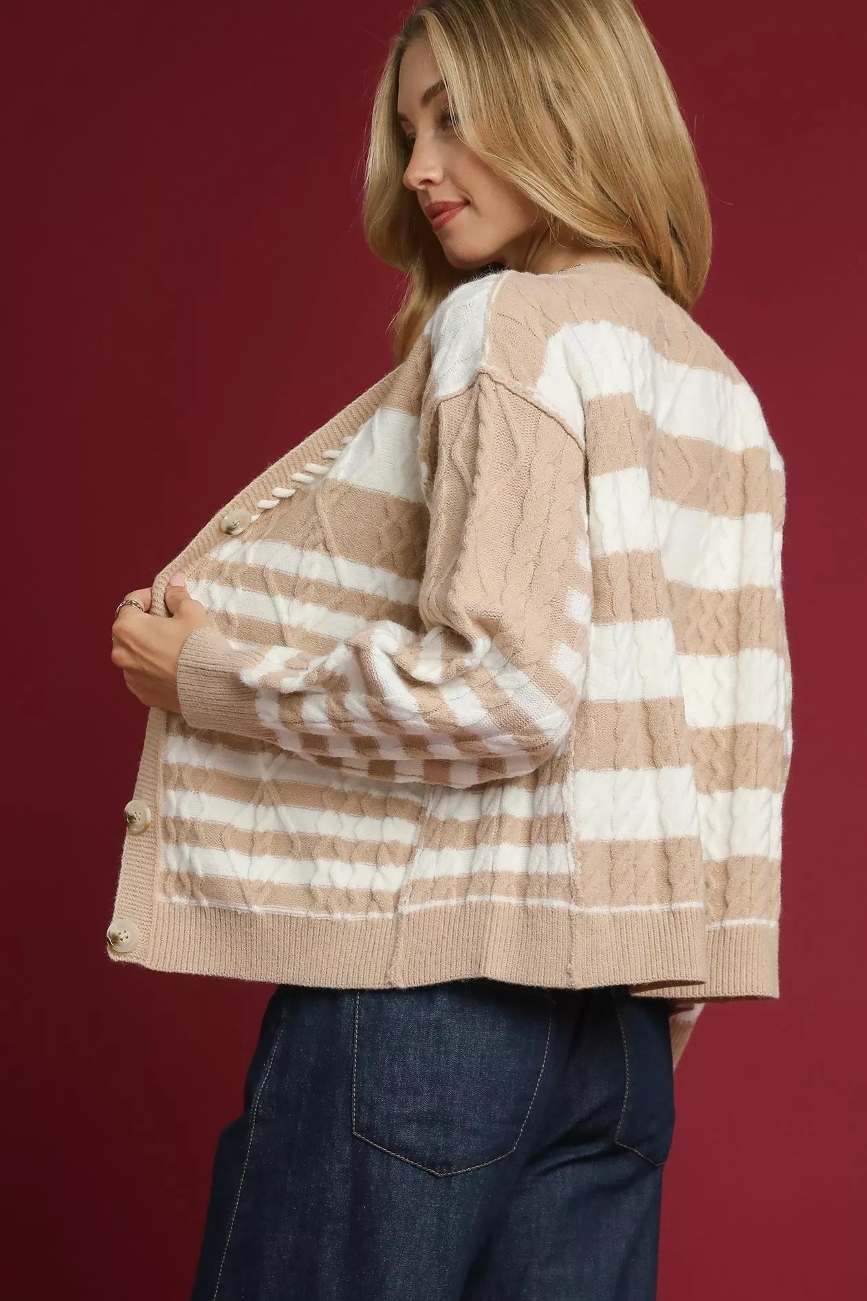 Women Women’s Cardigan Taupe Stripe Cable - Knit Button Cardigan – Umgee casual outfit boutique fashion - BespokeX Wear