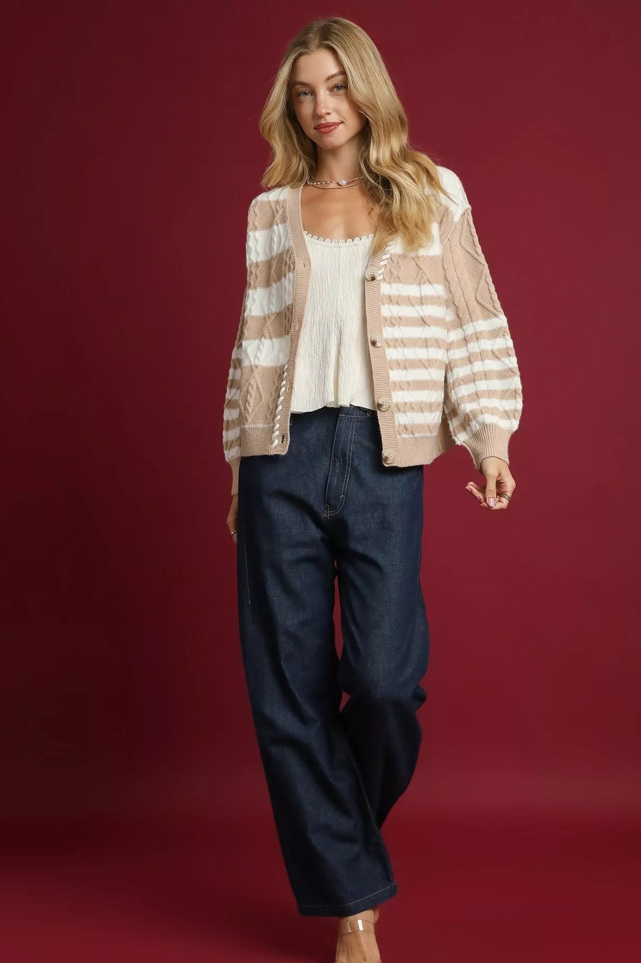 Women Women’s Cardigan Taupe Stripe Cable - Knit Button Cardigan – Umgee casual outfit boutique fashion - BespokeX Wear