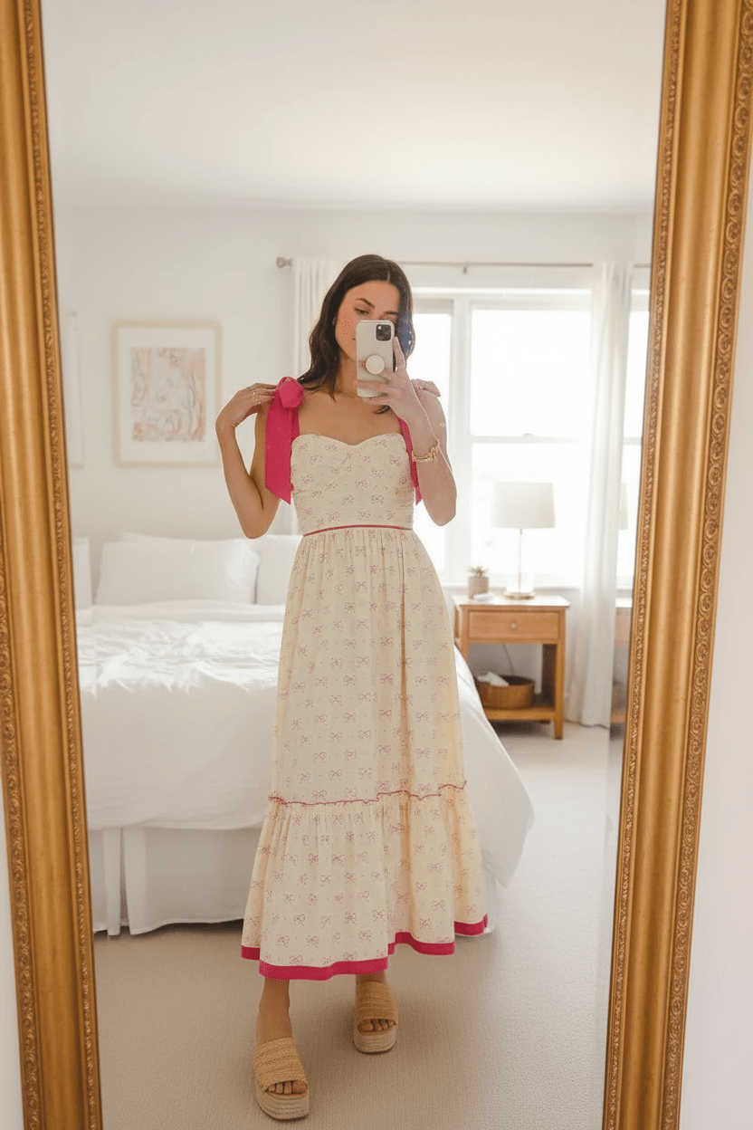 Women Women's Dresses Boho Ribbon Trim Maxi Dress - Women's Floral Puff Sleeve Tiered Dress casual outfit boutique fashion - BespokeX Wear