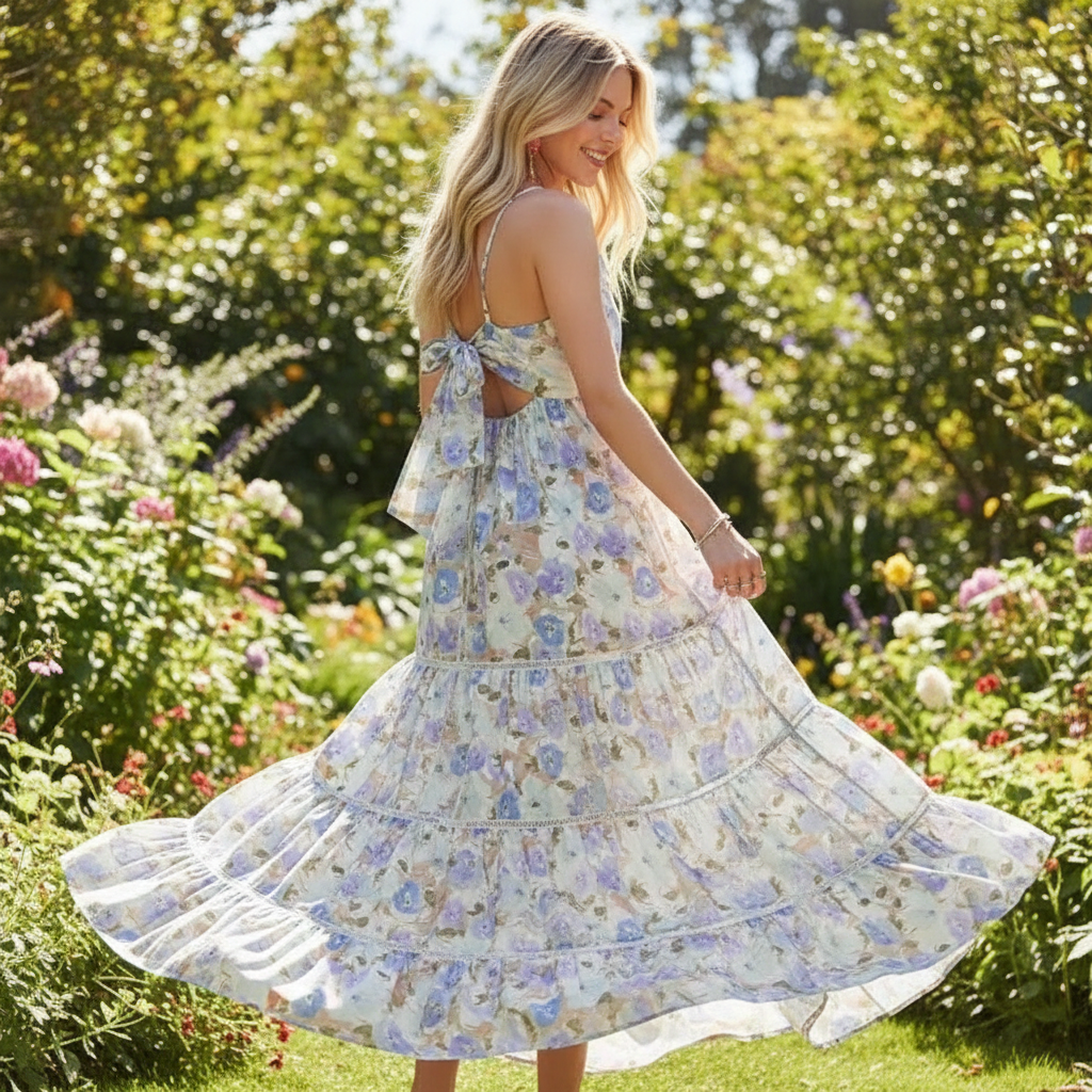 Women Women's Dresses Floral Bow Back Maxi Dress - Women's Romantic Tiered Cami Dress casual outfit boutique fashion - BespokeX Wear