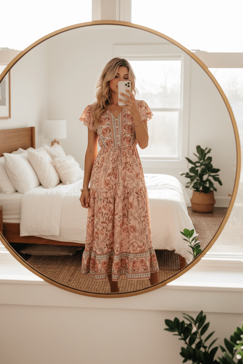 Women Women's Dresses Lotus Leaf V - Neck Printed Midi Dress casual outfit boutique fashion - BespokeX Wear