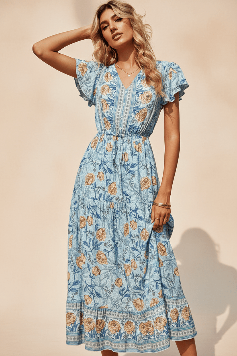 Women Women's Dresses Lotus Leaf V - Neck Printed Midi Dress casual outfit boutique fashion - BespokeX Wear