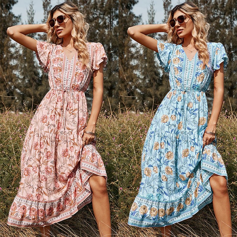 Women Women's Dresses Lotus Leaf V - Neck Printed Midi Dress casual outfit boutique fashion - BespokeX Wear