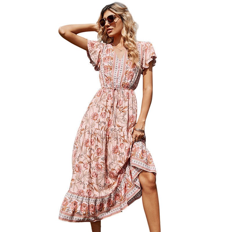 Women Women's Dresses Lotus Leaf V - Neck Printed Midi Dress casual outfit boutique fashion - BespokeX Wear