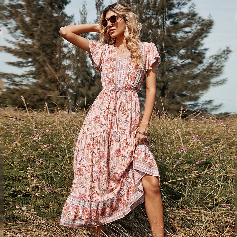 Women Women's Dresses Lotus Leaf V - Neck Printed Midi Dress casual outfit boutique fashion - BespokeX Wear