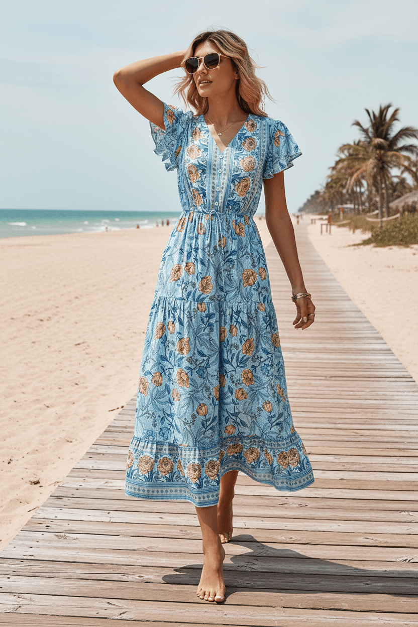 Women Women's Dresses Lotus Leaf V - Neck Printed Midi Dress casual outfit boutique fashion - BespokeX Wear
