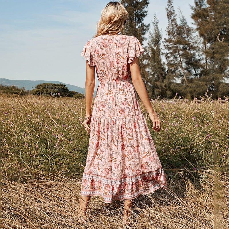Women Women's Dresses Lotus Leaf V - Neck Printed Midi Dress casual outfit boutique fashion - BespokeX Wear