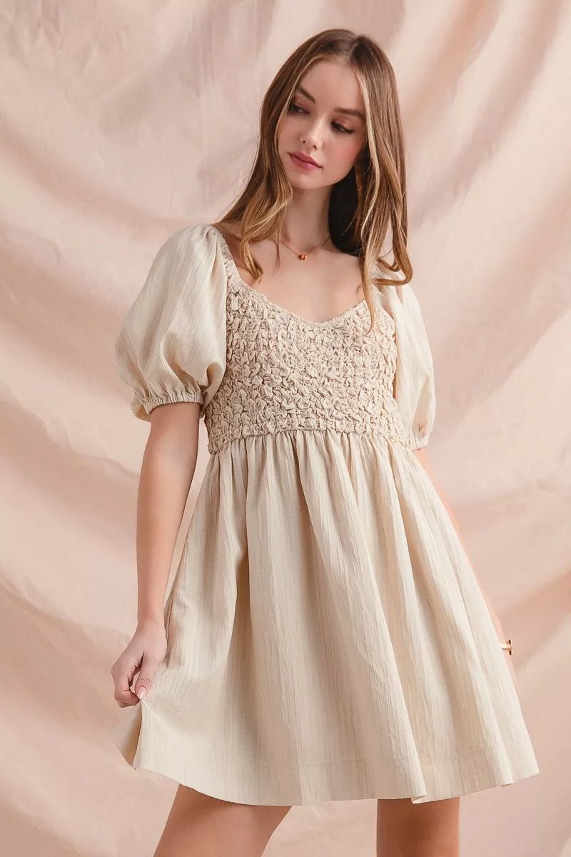 Women Women's Dresses SO ME Textured Woven Puff Sleeve Daily Dress casual outfit boutique fashion - BespokeX Wear