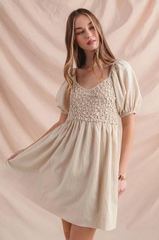 Women Women's Dresses SO ME Textured Woven Puff Sleeve Daily Dress casual outfit boutique fashion - BespokeX Wear