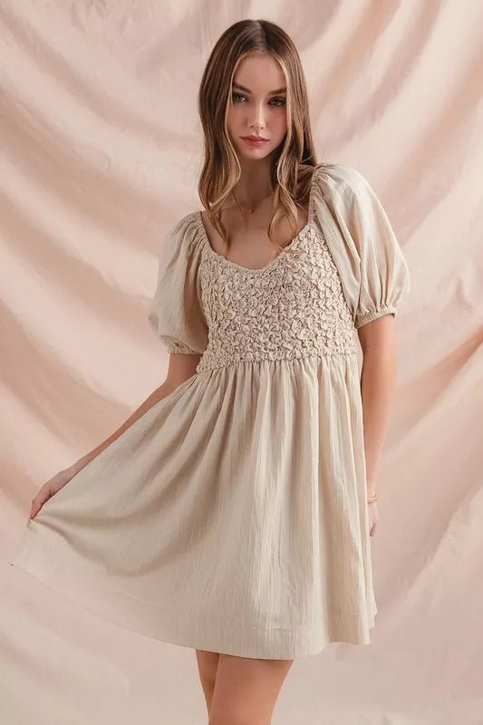 Women Women's Dresses SO ME Textured Woven Puff Sleeve Daily Dress casual outfit boutique fashion - BespokeX Wear