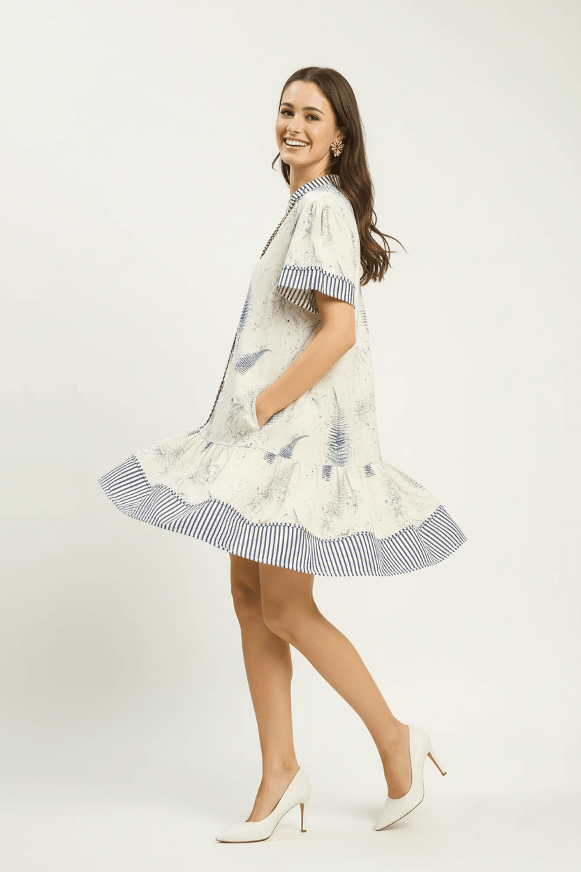 Women Women's Dresses Umgee Linen Print Button - Front Tiered Mini Dress casual outfit boutique fashion - BespokeX Wear
