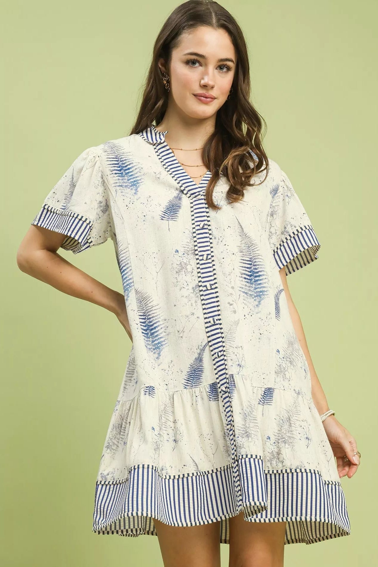 Women Women's Dresses Umgee Linen Print Button - Front Tiered Mini Dress casual outfit boutique fashion - BespokeX Wear