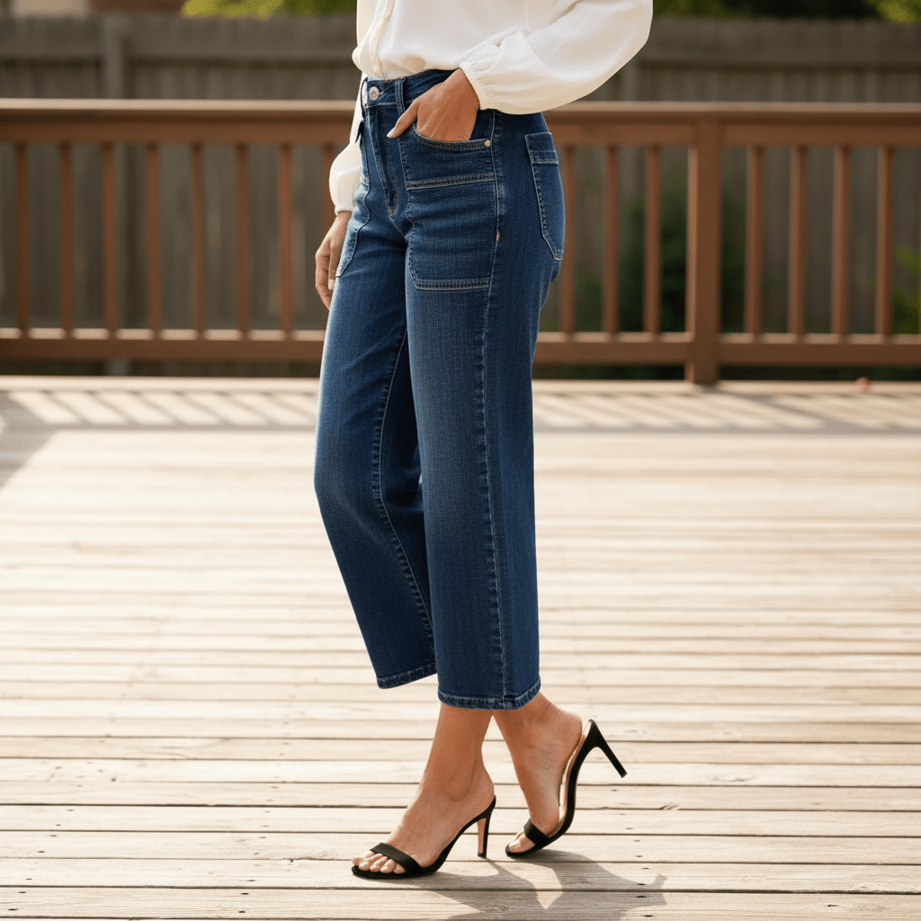 Women Women's Jeans Judy Blue Wide Crop Jeans - Women's High Waist Utility Patch Pocket Denim casual outfit boutique fashion - BespokeX Wear
