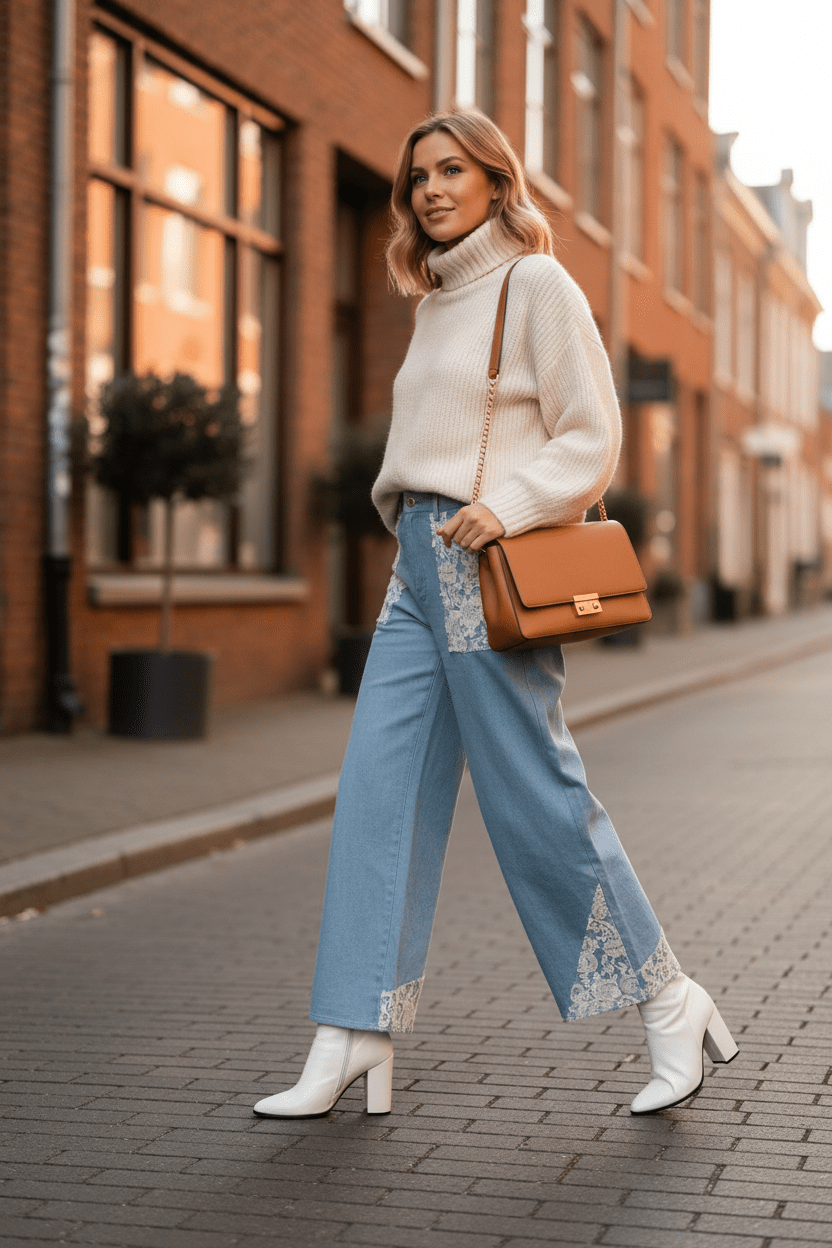 Women Women's Jeans Lace Accent Wide - Leg Jeans - Women's Denim with Feminine Detail casual outfit boutique fashion - BespokeX Wear