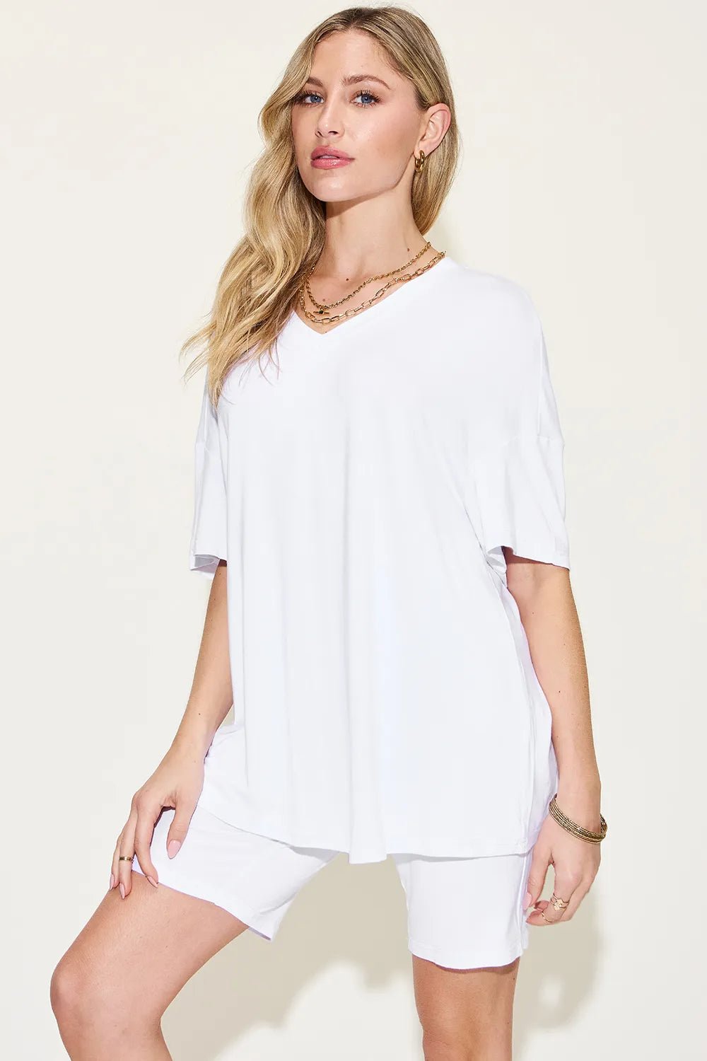 Women Women’s Lounge Set Everyday Relaxed V - Neck Lounge Set – Soft Two - Piece T-Shirt & Shorts Outfit (S - 3XL) casual outfit boutique fashion - BespokeX Wear