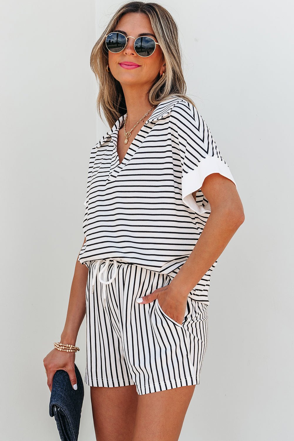 Women Women’s Matching Lounge Set Everyday Chic Striped Lounge Set – V - Neck Top & Drawstring Shorts casual outfit boutique fashion - BespokeX Wear