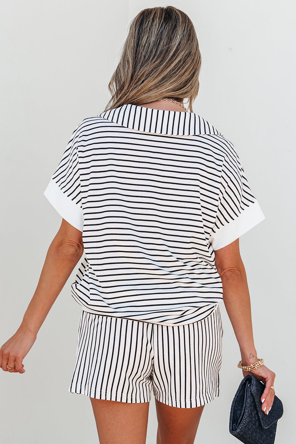 Women Women’s Matching Lounge Set Everyday Chic Striped Lounge Set – V - Neck Top & Drawstring Shorts casual outfit boutique fashion - BespokeX Wear