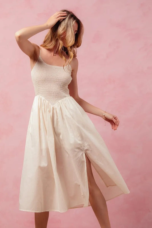 Women Women’s Midi Dress Cream Smocked Midi Dress with Slit – SO ME casual outfit boutique fashion - BespokeX Wear