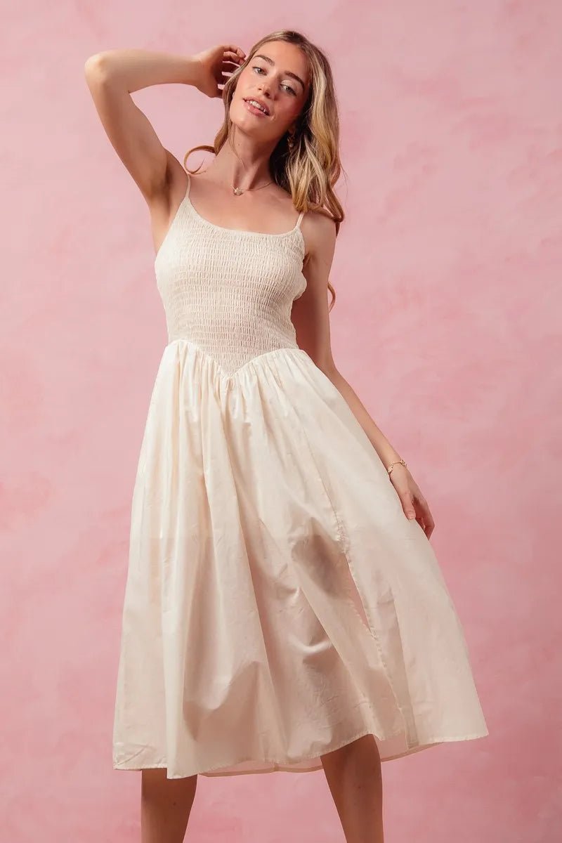 Women Women’s Midi Dress Cream Smocked Midi Dress with Slit – SO ME casual outfit boutique fashion - BespokeX Wear