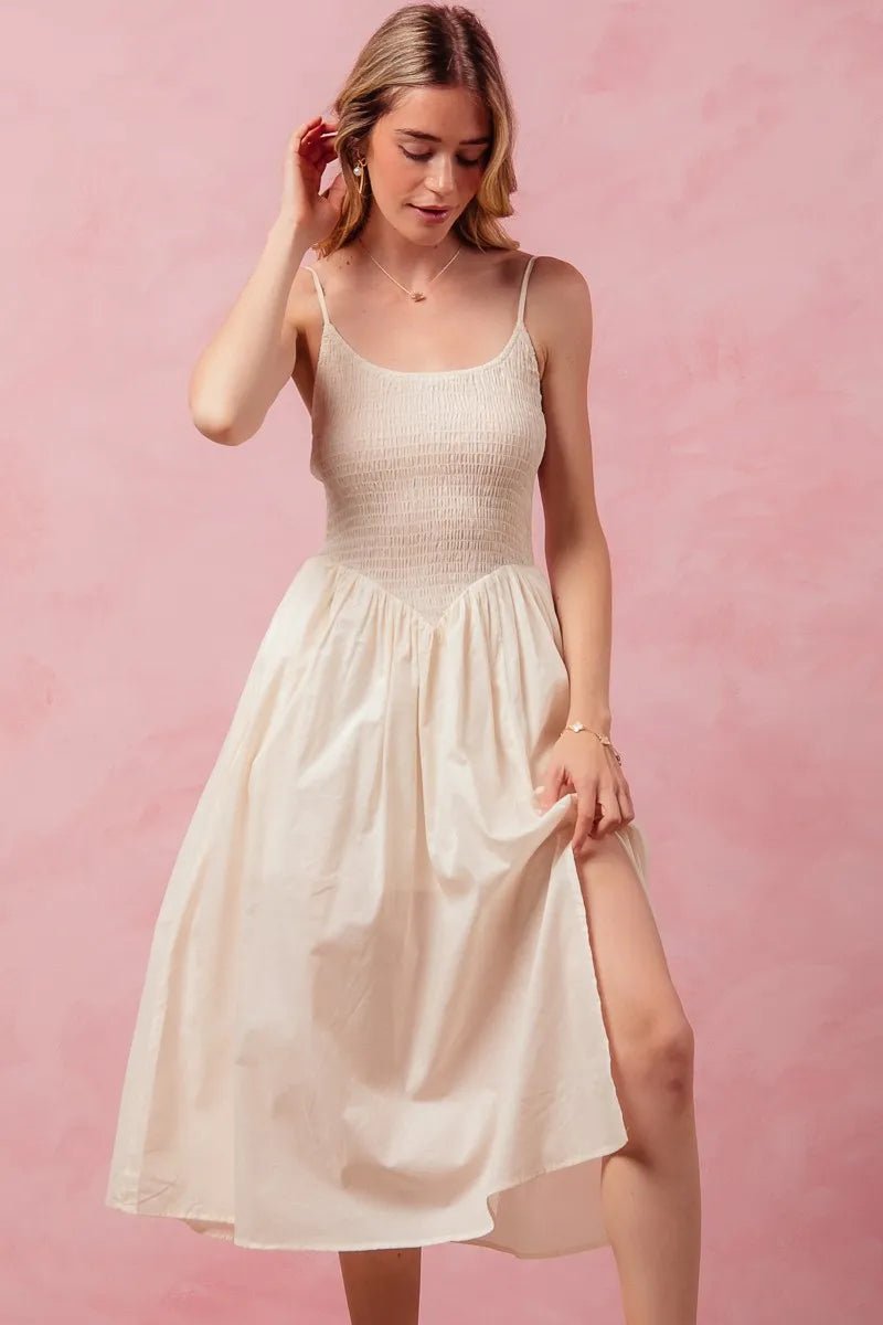 Women Women’s Midi Dress Cream Smocked Midi Dress with Slit – SO ME casual outfit boutique fashion - BespokeX Wear