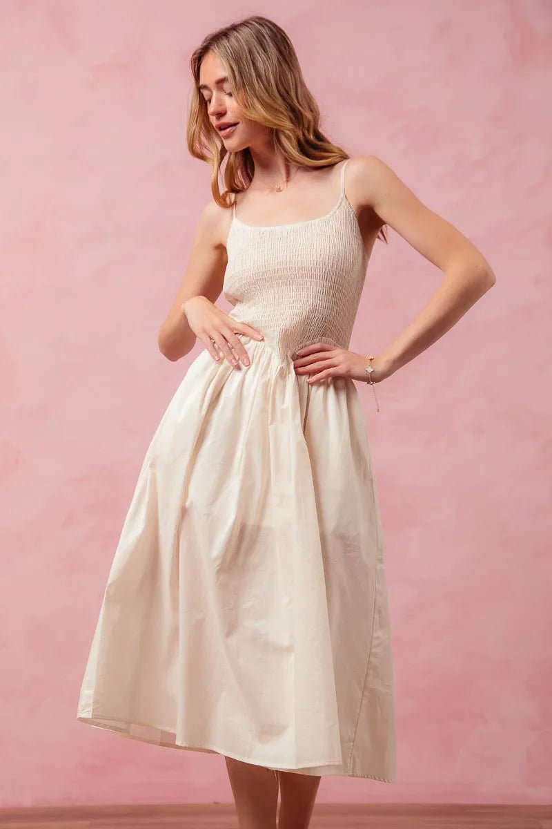 Women Women’s Midi Dress Cream Smocked Midi Dress with Slit – SO ME casual outfit boutique fashion - BespokeX Wear