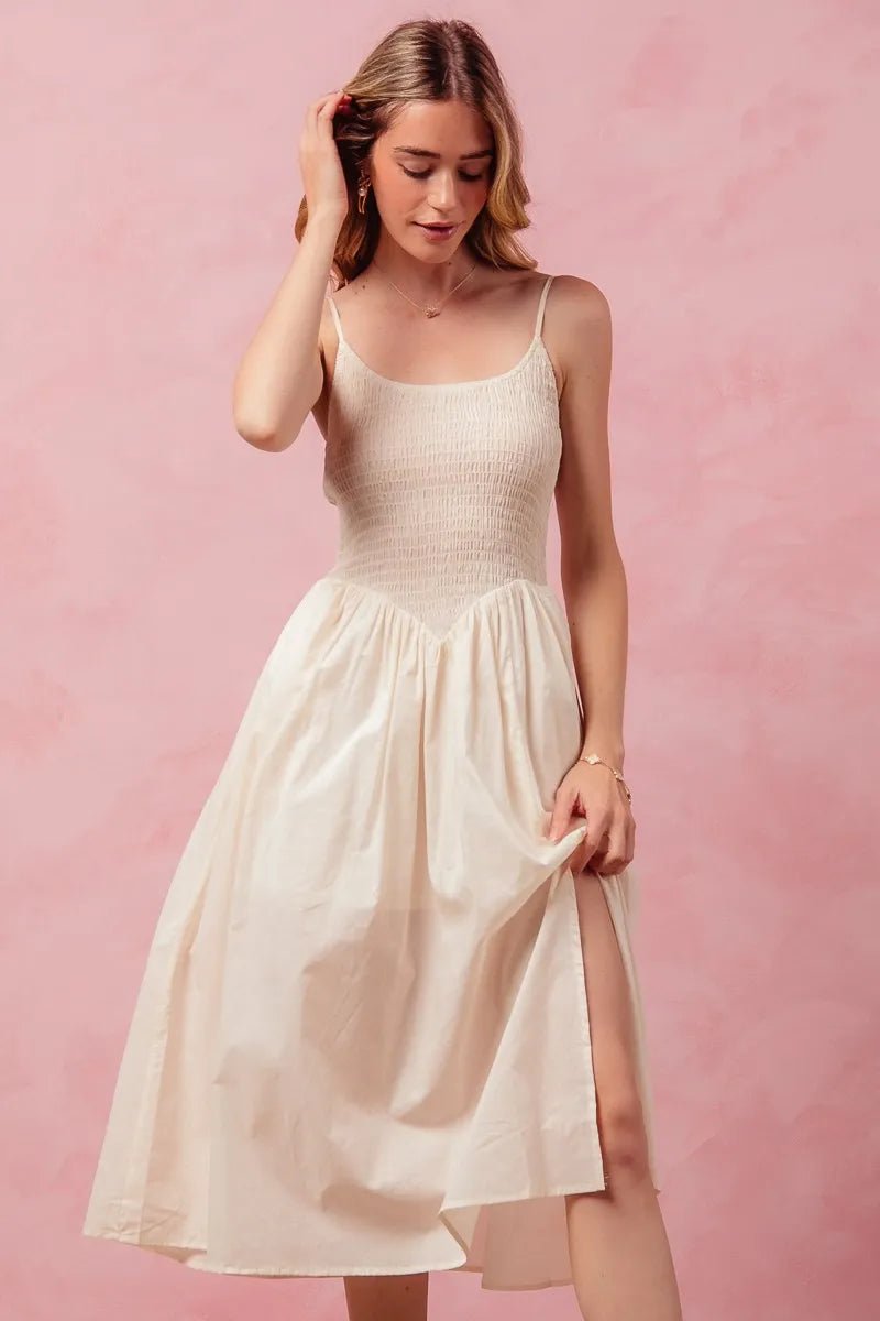 Women Women’s Midi Dress Cream Smocked Midi Dress with Slit – SO ME casual outfit boutique fashion - BespokeX Wear