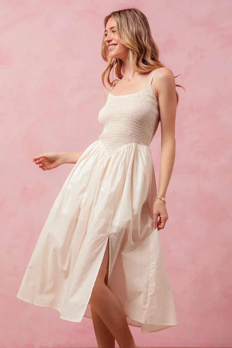 Women Women’s Midi Dress Cream Smocked Midi Dress with Slit – SO ME casual outfit boutique fashion - BespokeX Wear