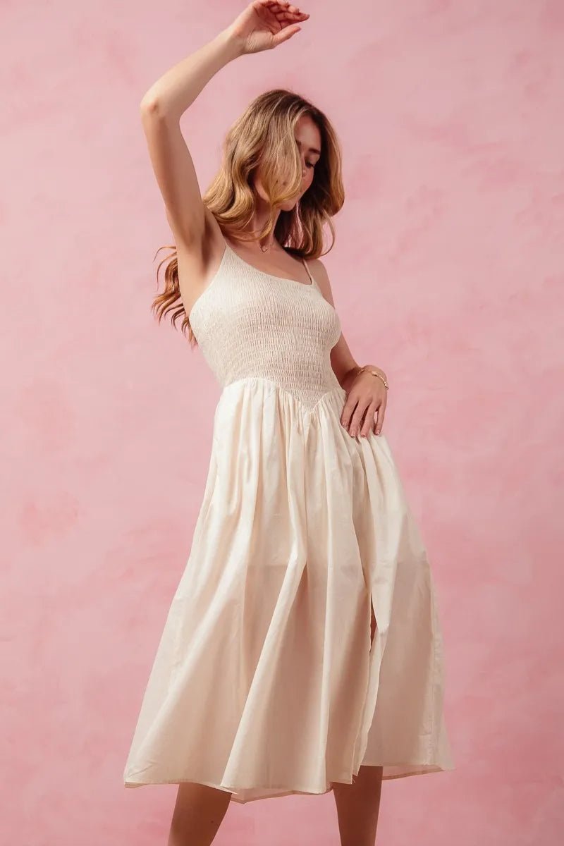 Women Women’s Midi Dress Cream Smocked Midi Dress with Slit – SO ME casual outfit boutique fashion - BespokeX Wear
