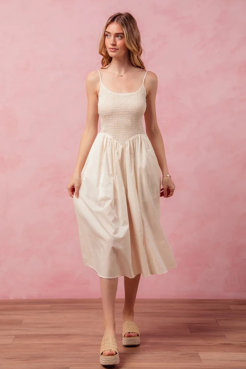 Women Women’s Midi Dress Cream Smocked Midi Dress with Slit – SO ME casual outfit boutique fashion - BespokeX Wear