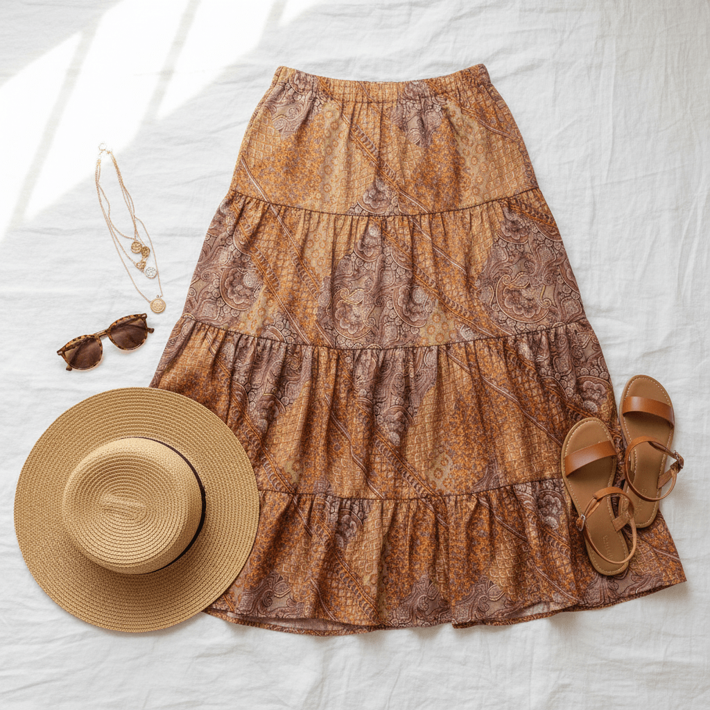 Women Women's Skirts Paisley Patchwork Satin Maxi Skirt - Women's Tiered Boho Skirt casual outfit boutique fashion - BespokeX Wear