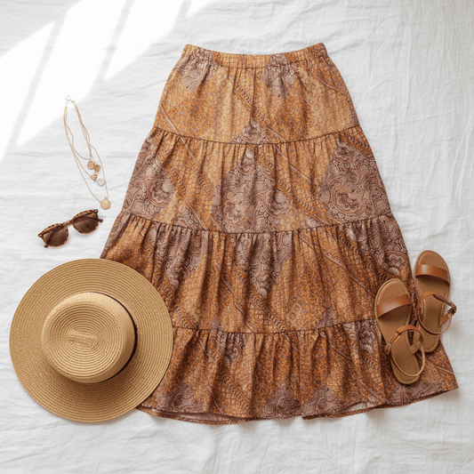 Women Women's Skirts Paisley Patchwork Satin Maxi Skirt - Women's Tiered Boho Skirt casual outfit boutique fashion - BespokeX Wear