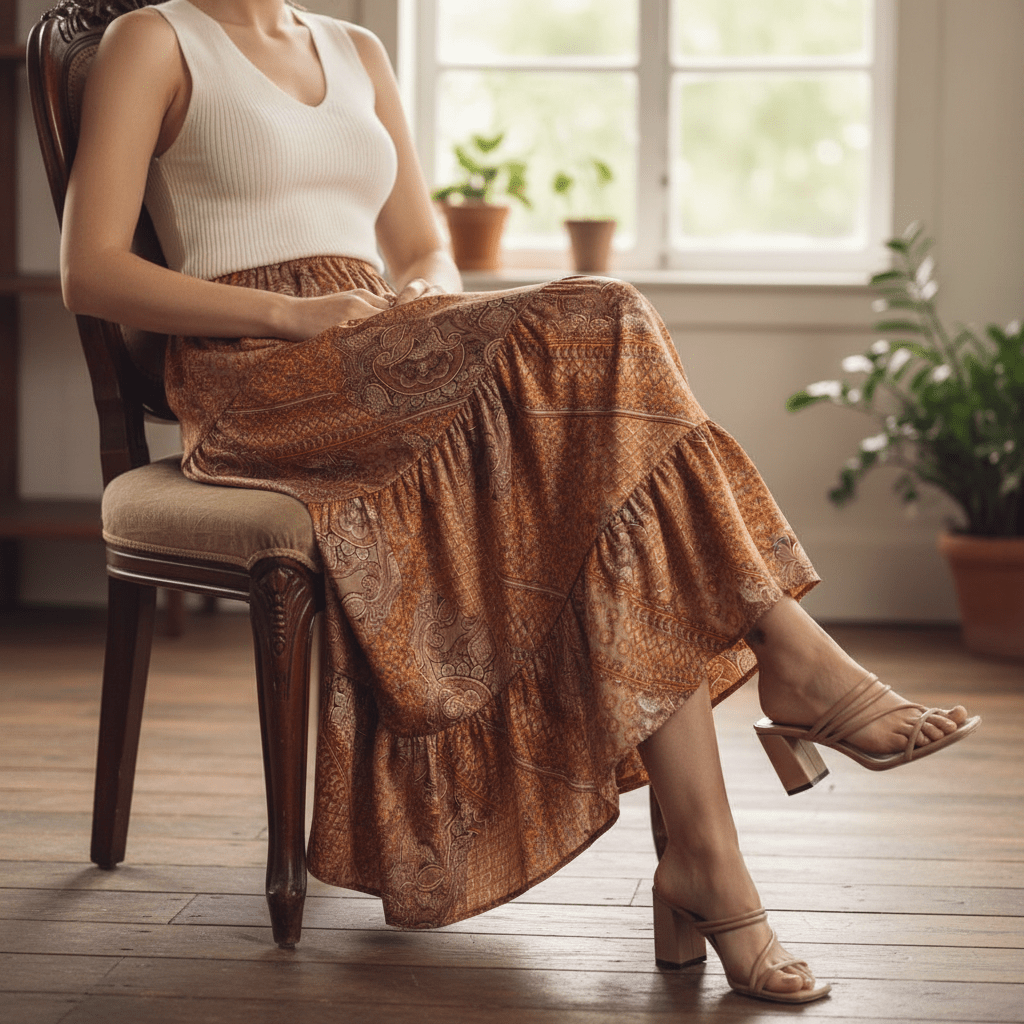 Women Women's Skirts Paisley Patchwork Satin Maxi Skirt - Women's Tiered Boho Skirt casual outfit boutique fashion - BespokeX Wear