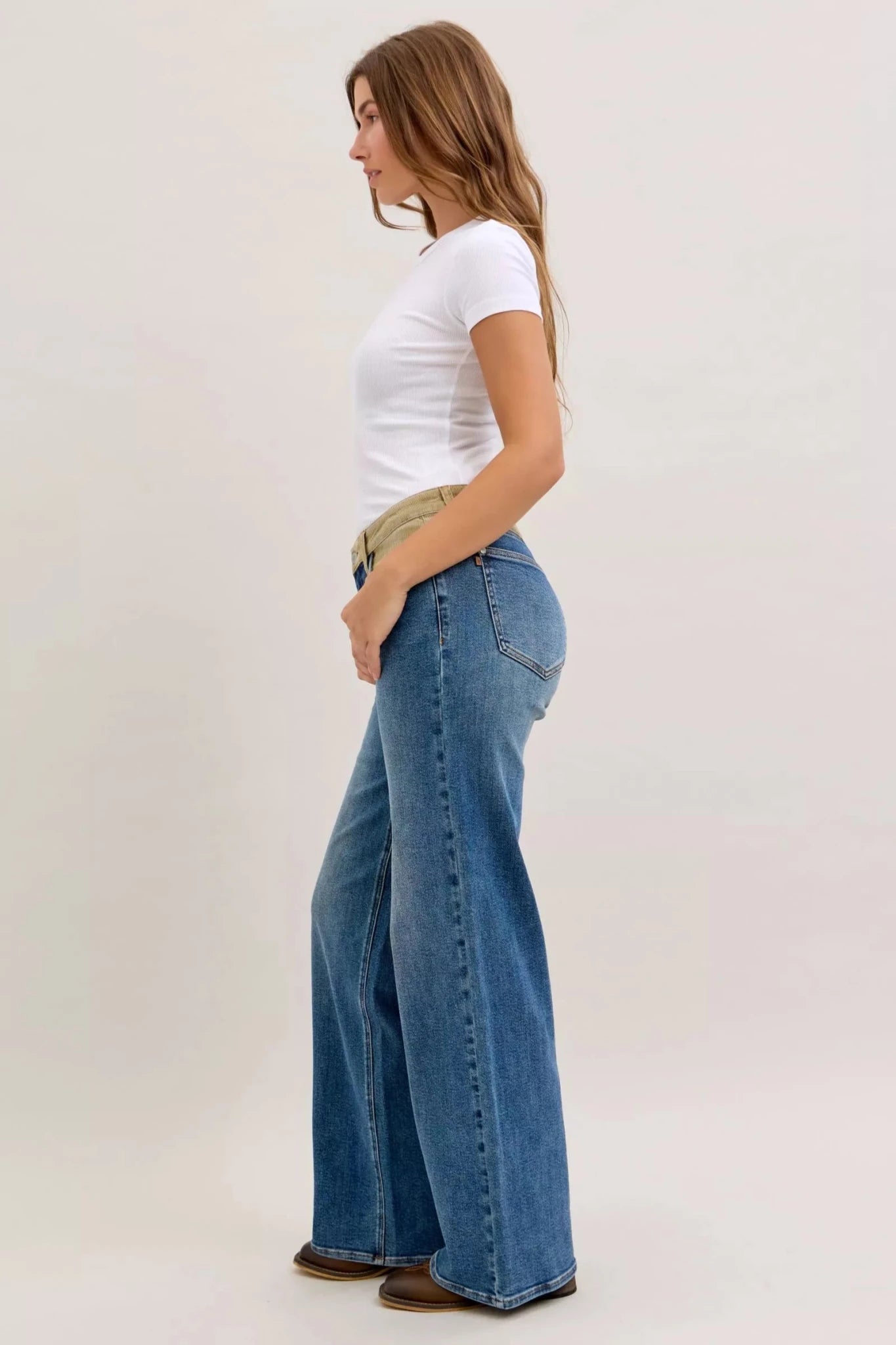 Women Women’s Straight Leg Jeans Judy Blue Mid Rise Straight Leg Jeans – Corduroy Waist Detail Denim casual outfit boutique fashion - BespokeX Wear