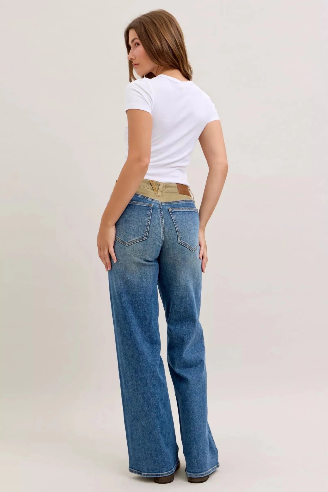 Women Women’s Straight Leg Jeans Judy Blue Mid Rise Straight Leg Jeans – Corduroy Waist Detail Denim casual outfit boutique fashion - BespokeX Wear