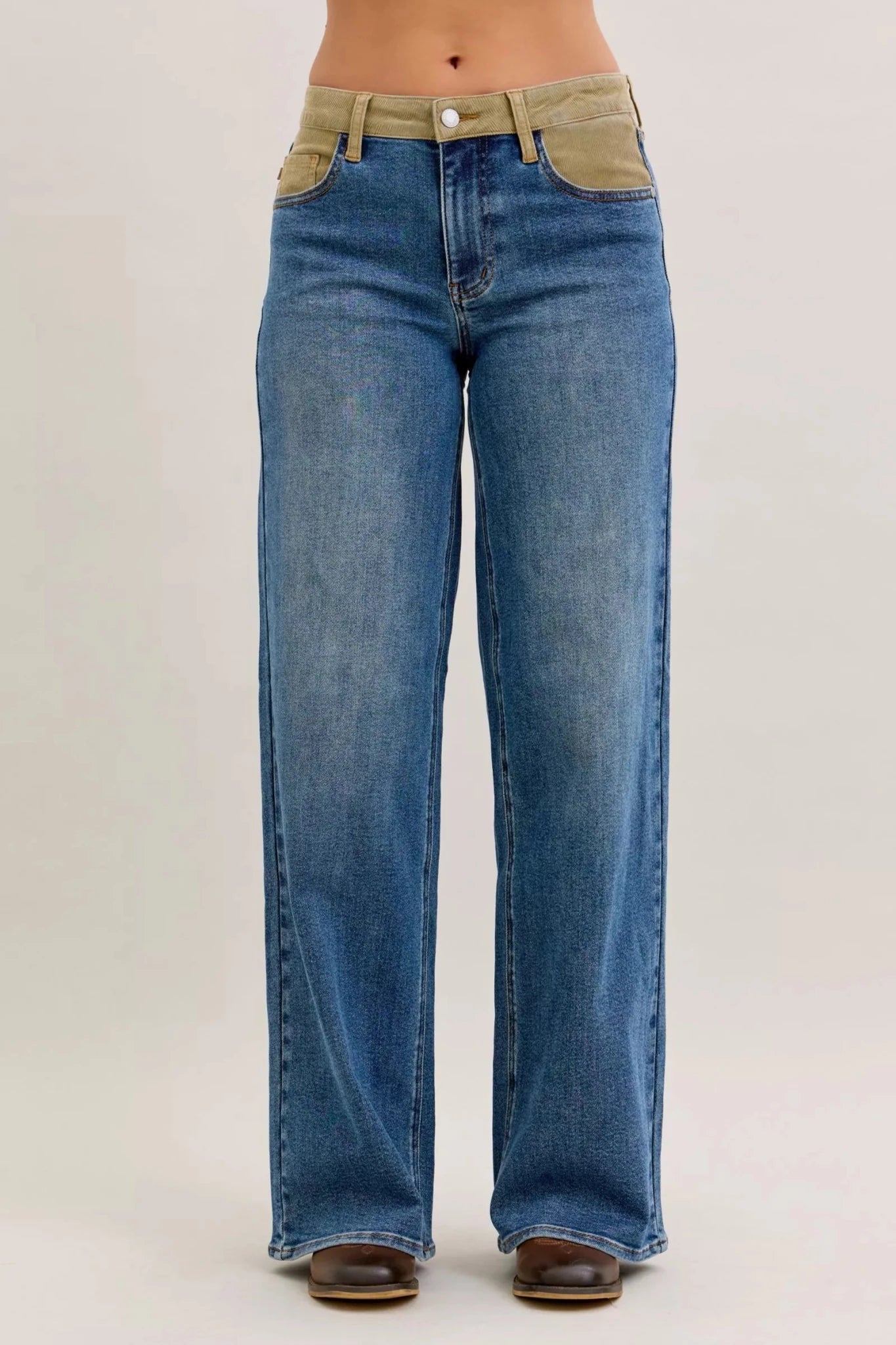 Women Women’s Straight Leg Jeans Judy Blue Mid Rise Straight Leg Jeans – Corduroy Waist Detail Denim casual outfit boutique fashion - BespokeX Wear