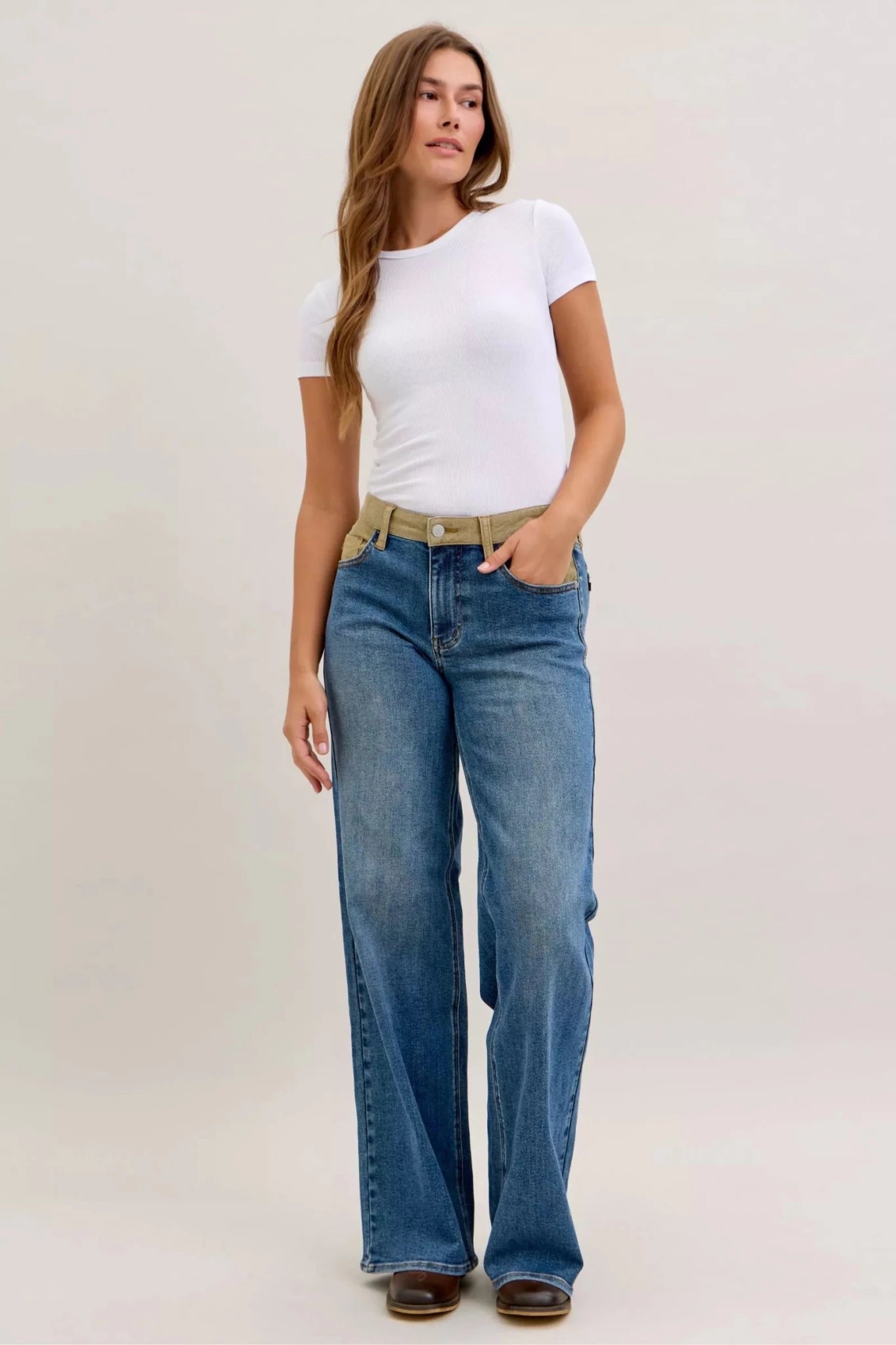 Women Women’s Straight Leg Jeans Judy Blue Mid Rise Straight Leg Jeans – Corduroy Waist Detail Denim casual outfit boutique fashion - BespokeX Wear