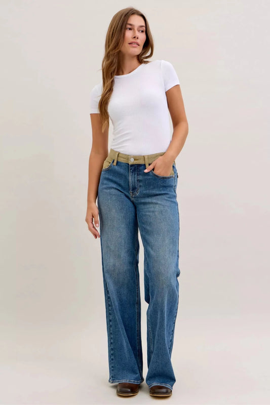 Women Women’s Straight Leg Jeans Judy Blue Mid Rise Straight Leg Jeans – Corduroy Waist Detail Denim casual outfit boutique fashion - BespokeX Wear