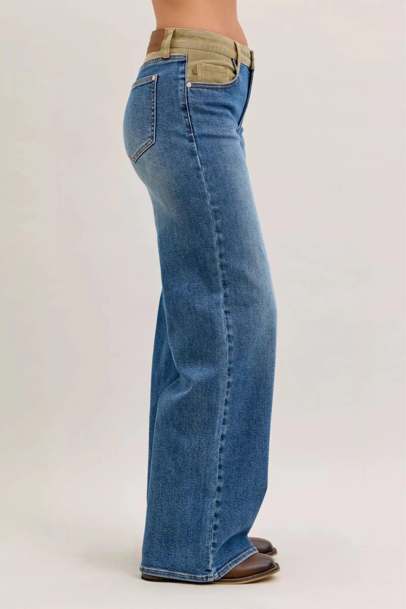 Women Women’s Straight Leg Jeans Judy Blue Mid Rise Straight Leg Jeans – Corduroy Waist Detail Denim casual outfit boutique fashion - BespokeX Wear