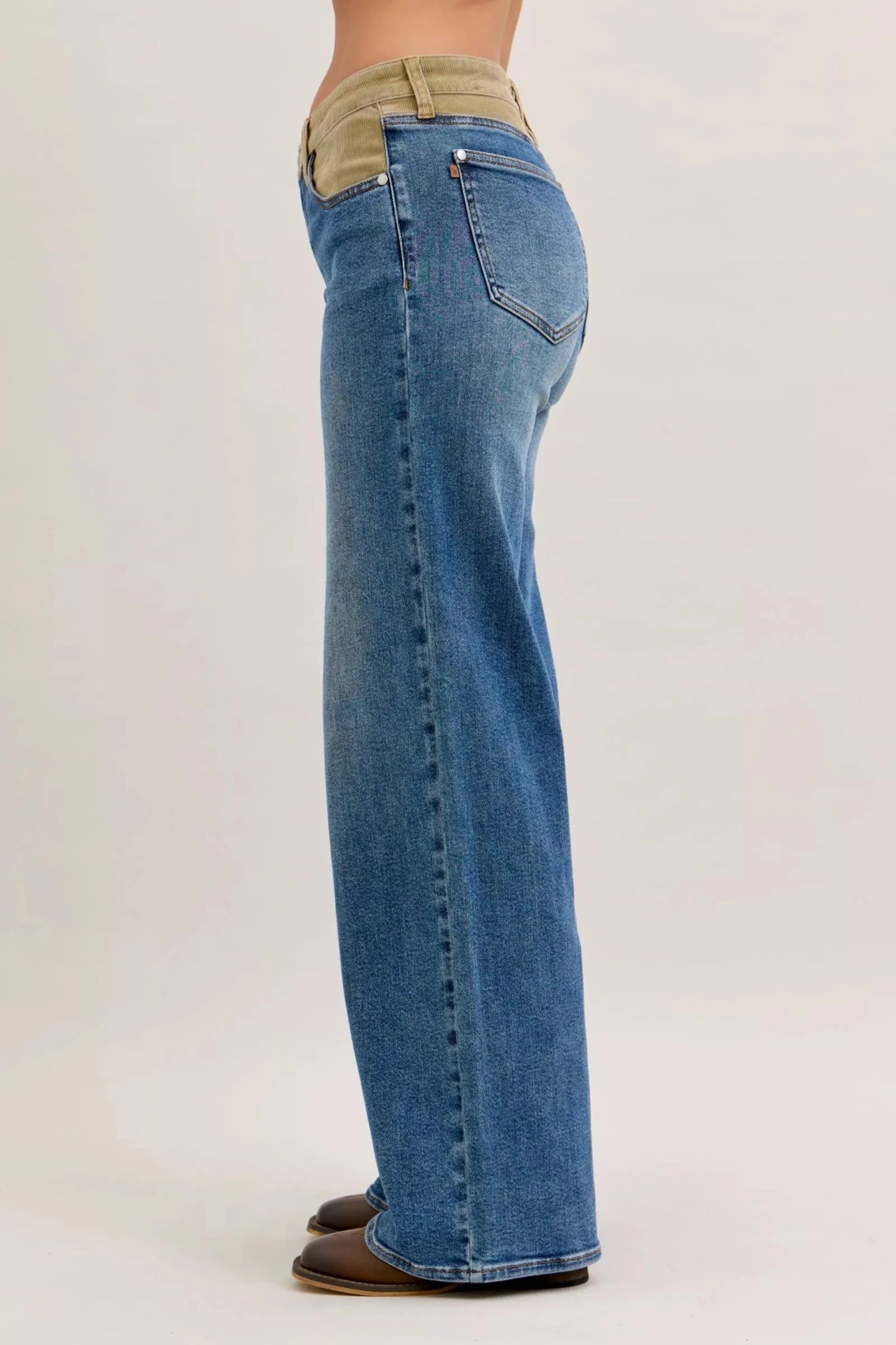 Women Women’s Straight Leg Jeans Judy Blue Mid Rise Straight Leg Jeans – Corduroy Waist Detail Denim casual outfit boutique fashion - BespokeX Wear