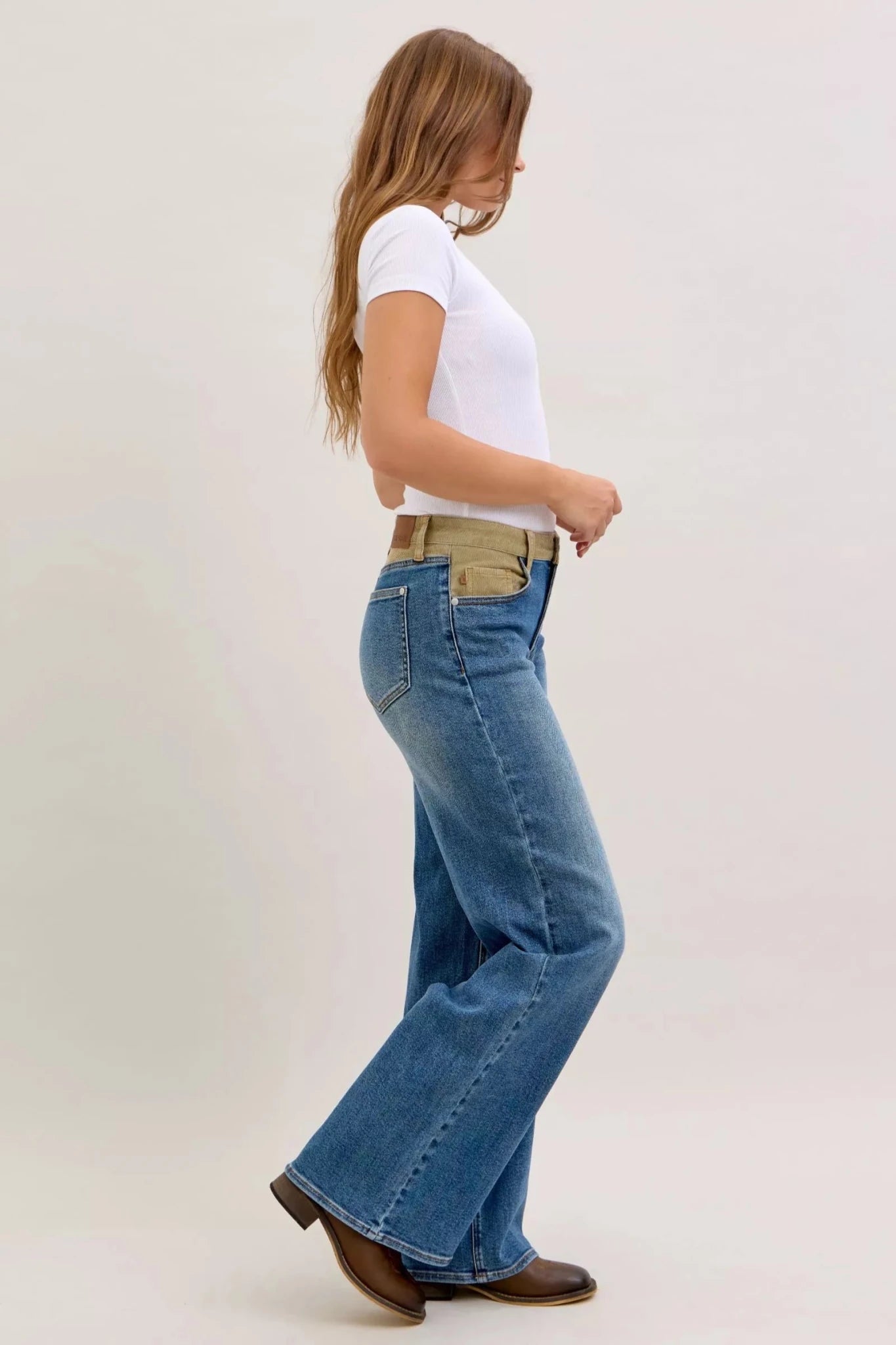 Women Women’s Straight Leg Jeans Judy Blue Mid Rise Straight Leg Jeans – Corduroy Waist Detail Denim casual outfit boutique fashion - BespokeX Wear