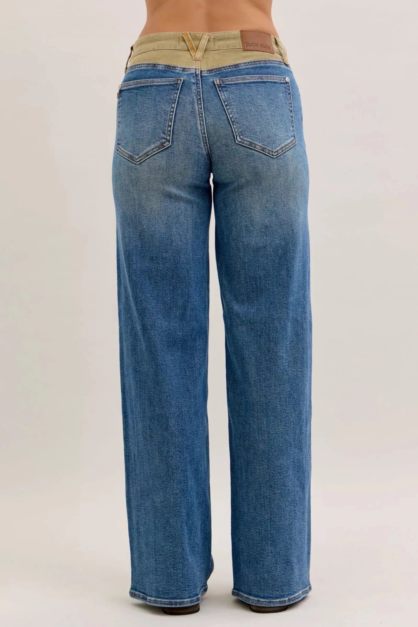 Women Women’s Straight Leg Jeans Judy Blue Mid Rise Straight Leg Jeans – Corduroy Waist Detail Denim casual outfit boutique fashion - BespokeX Wear
