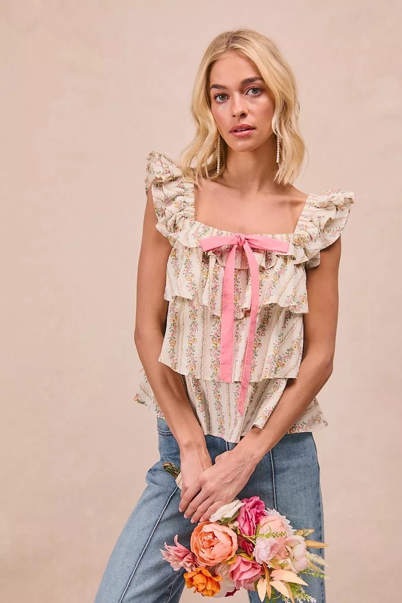 Women Women's Tops Floral Bow Tie Ruffled Top casual outfit boutique fashion - BespokeX Wear