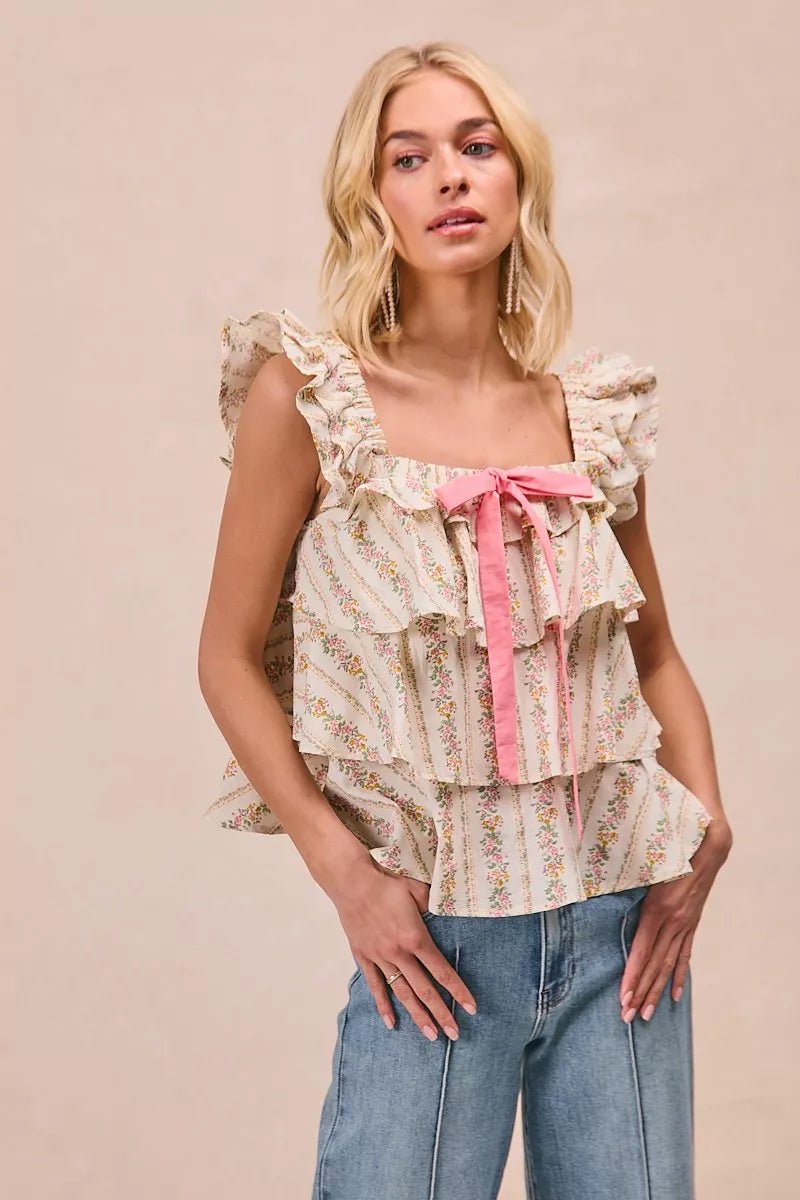 Women Women's Tops Floral Bow Tie Ruffled Top casual outfit boutique fashion - BespokeX Wear