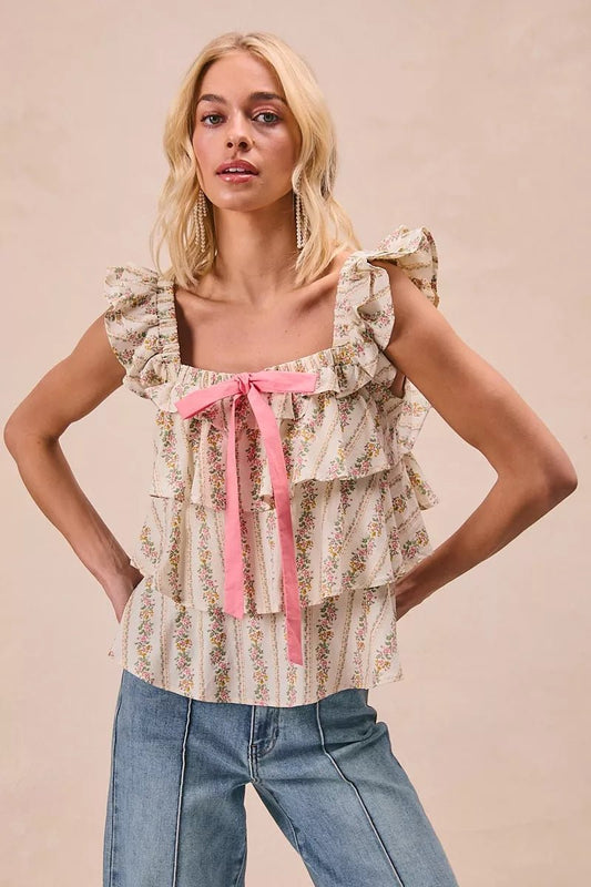 Women Women's Tops Floral Bow Tie Ruffled Top casual outfit boutique fashion - BespokeX Wear