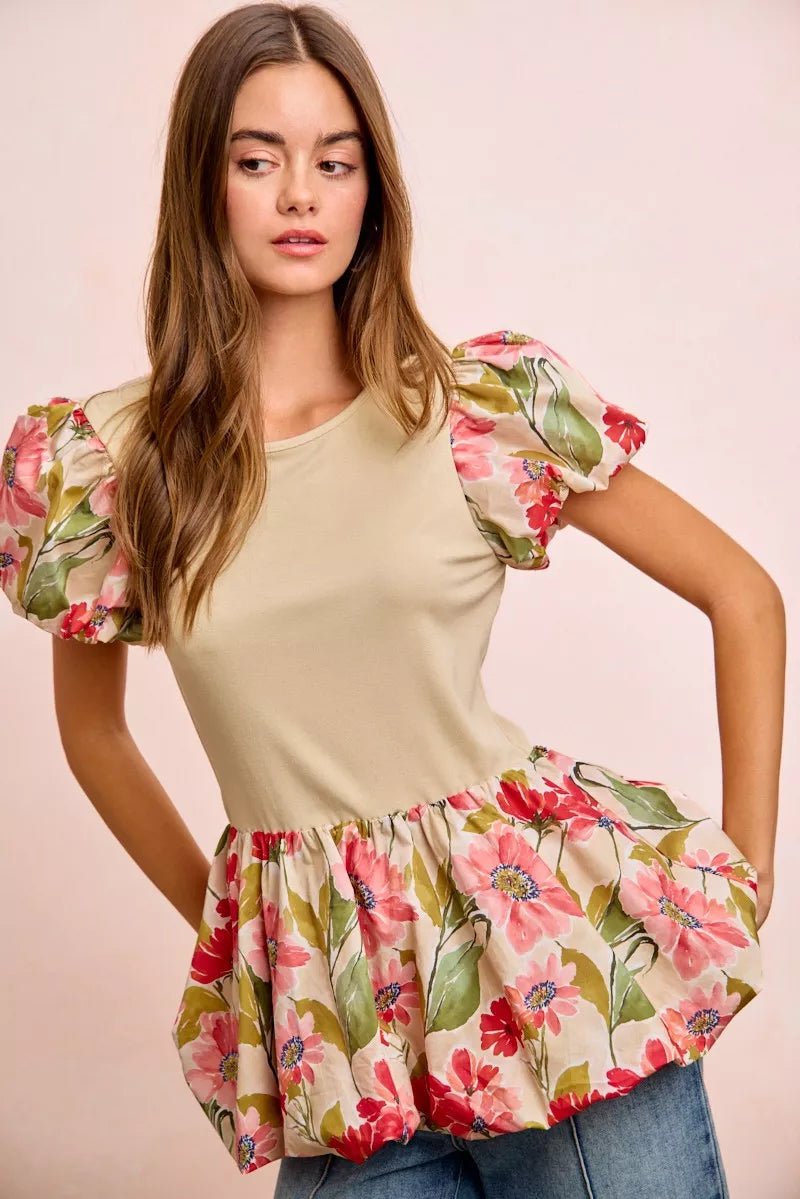 Women Women's Tops Floral Bubble Sleeve Peplum Top casual outfit boutique fashion - BespokeX Wear